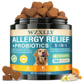 Wzxlj.Y dog allergy chews bottle closeup shows easy daily dosing.