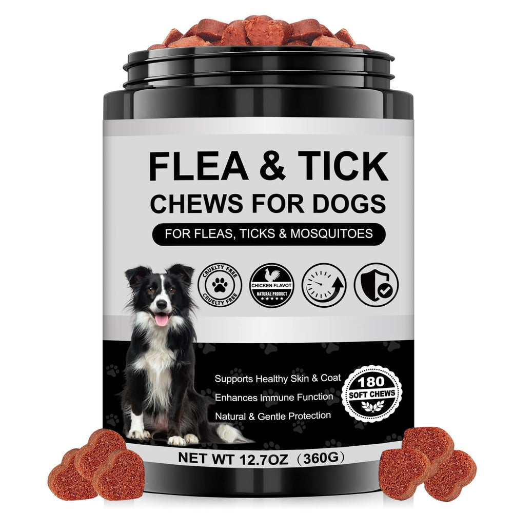 Xaninp dog flea and tick chews bottle view highlighting skin support.