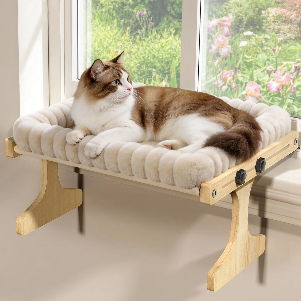 XiaZ cat window perch with plush cushion offers cozy sunbathing and bird-watching vantage.