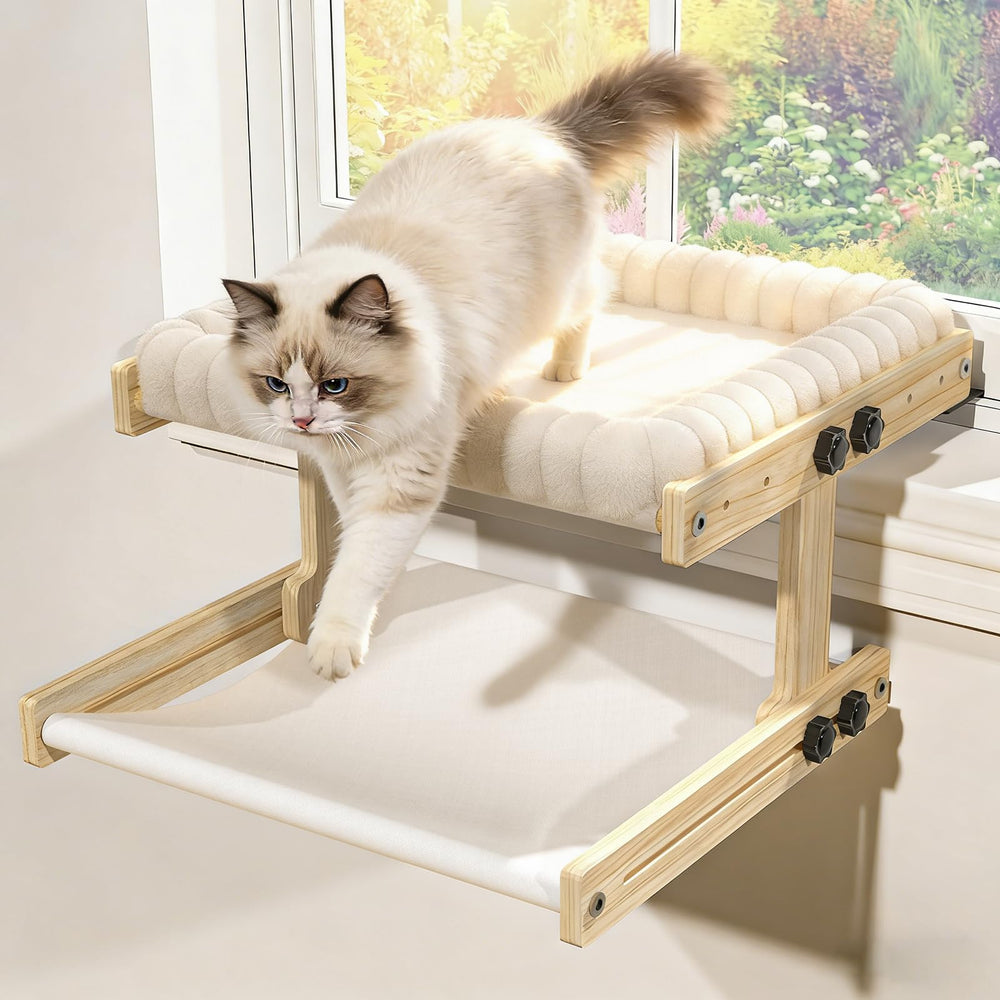 XiaZ cat window perch wooden frame shows sturdy base for lounging.