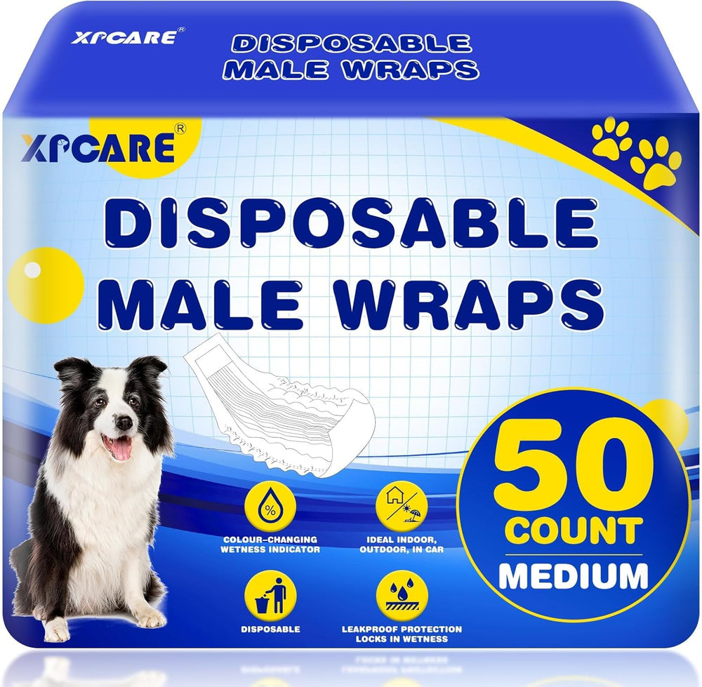 XPCARE 50-count disposable male dog diapers, medium size pack, designed for reliable on-the-go protection