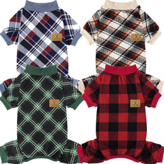 XPUDAC dog pajamas in plaid red and green for festive comfort and versatile wear.