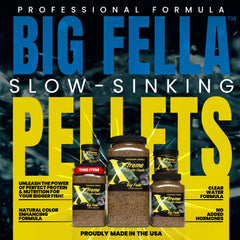 Xtreme Aquatic Foods Big Fella pellets close-up show dense nutrition.