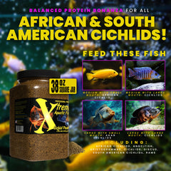 Close-up of Xtreme Cichlid PeeWee pellets showing uniform size for easy feeding