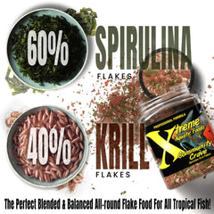 Xtreme Aquatic Foods Community Crave flakes pouring into a feeding dish for easy portioning.
