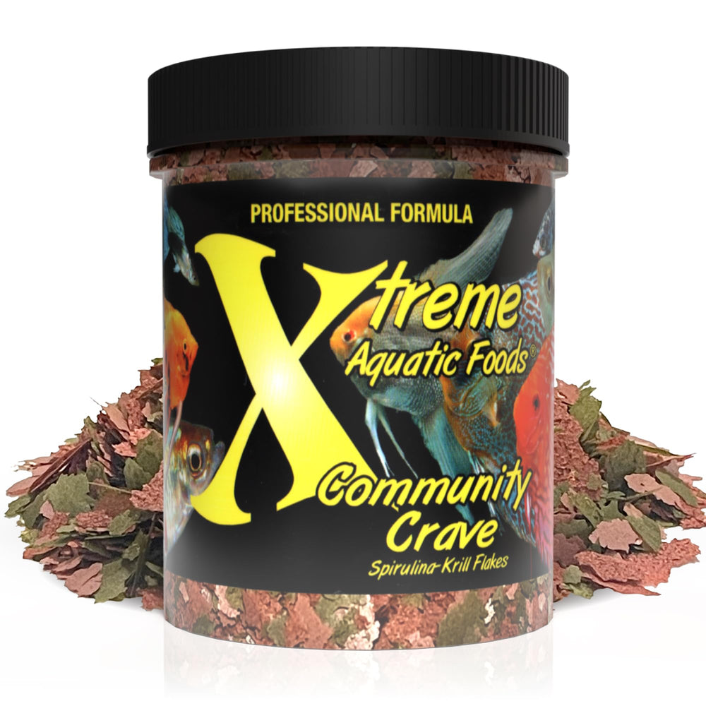 Xtreme Aquatic Foods Community Crave packaging highlights premium flakes for vibrant colors.