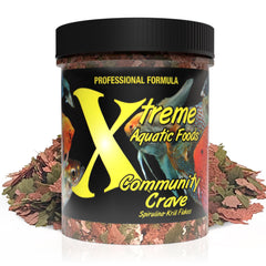 Xtreme Aquatic Foods Community Crave packaging highlights premium flakes for vibrant colors.