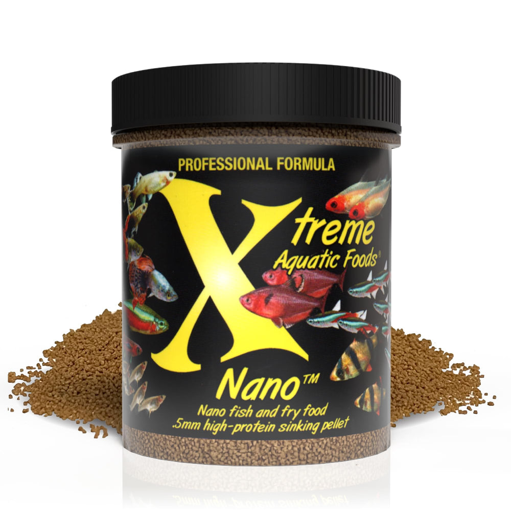 Xtreme Aquatic Foods nano pellets packaging shows a 5oz bottle for compact storage.