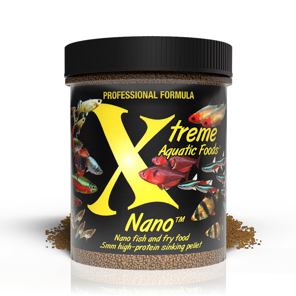 Xtreme Nano pellets bottle shot showing krill-based formula for small fish health and color