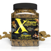 Xtreme Scrapers Wafers front packaging, premium USA-made fish food for nocturnal feeders.