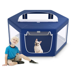 XVISHX hexagonal puppy playpen with spacious interior for multiple puppies.