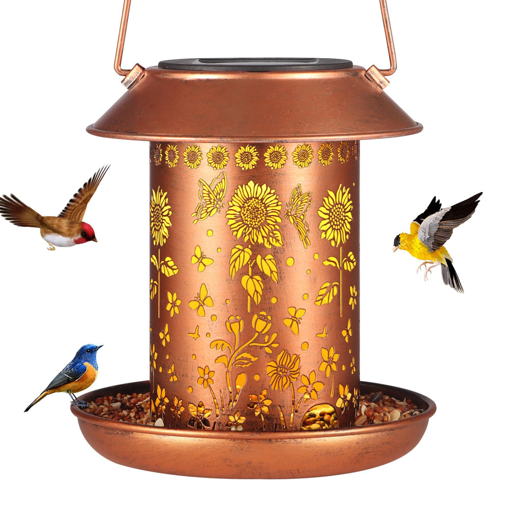 Yamodoor Sunflower Solar Bird Feeder lantern with sunflower motif draws backyard birds at dusk