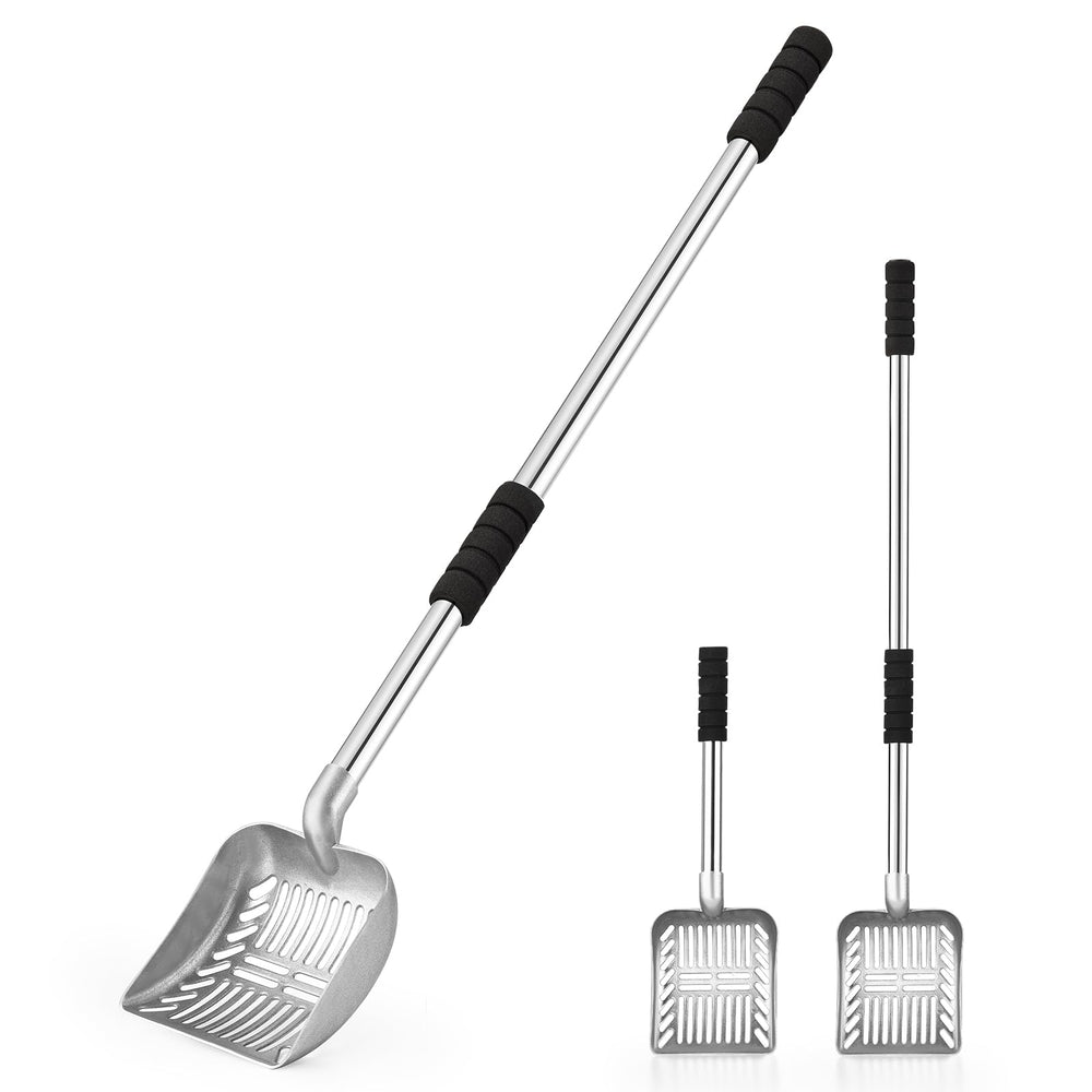 Yangbaga metal cat litter scoop with a long handle for standing scooping.