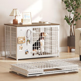 YATINEY foldable dog crate furniture in white and walnut, unfolds quickly for easy setup.
