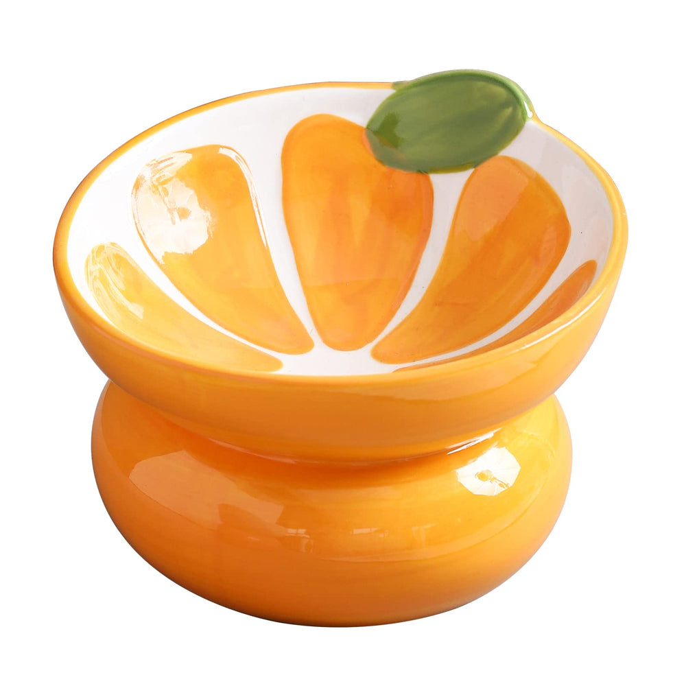 Yeexoxow ceramic raised cat bowl with orange design, promoting comfortable, whisker-friendly meals.