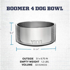 YETI Boomer 4 with 32oz capacity for kibble or water on adventures.