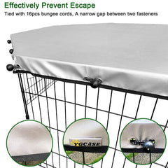 YGCASE cover with tightened bungee cords prevents escape from the pen