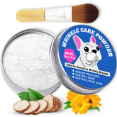 Yibesi Bulldog Wrinkle Care Powder tin with brush for on-the-go moisture control.