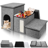 YIMITEE 3-tier dog stairs with storage beside a bed for easy access.