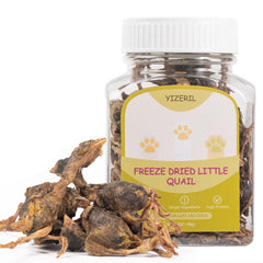 Yizeril freeze-dried quail treats in a single-ingredient pack.