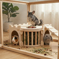 YKD Natural wood rabbit house with ladder for easy access and setup