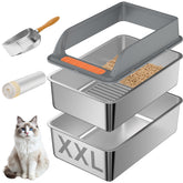 Yoochee stainless steel sifting litter box with lid shown for durable, easy cleaning.