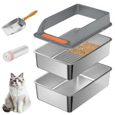 Yoochee stainless steel sifting litter box with lid shown for odor resistance and durability.