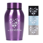 Youdear Memorials stainless steel pet urn in purple, front view, durable tribute for a beloved pet.