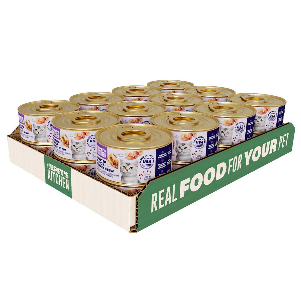 Your Pet's Kitchen turkey stew can label highlights real turkey as the #1 ingredient for tasty meals.