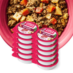 Your Pet's Kitchen Beef Cups front view showing 12-pack and real beef pieces