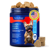 YoYoBay dog allergy relief chews bottle showing long lasting immune support.