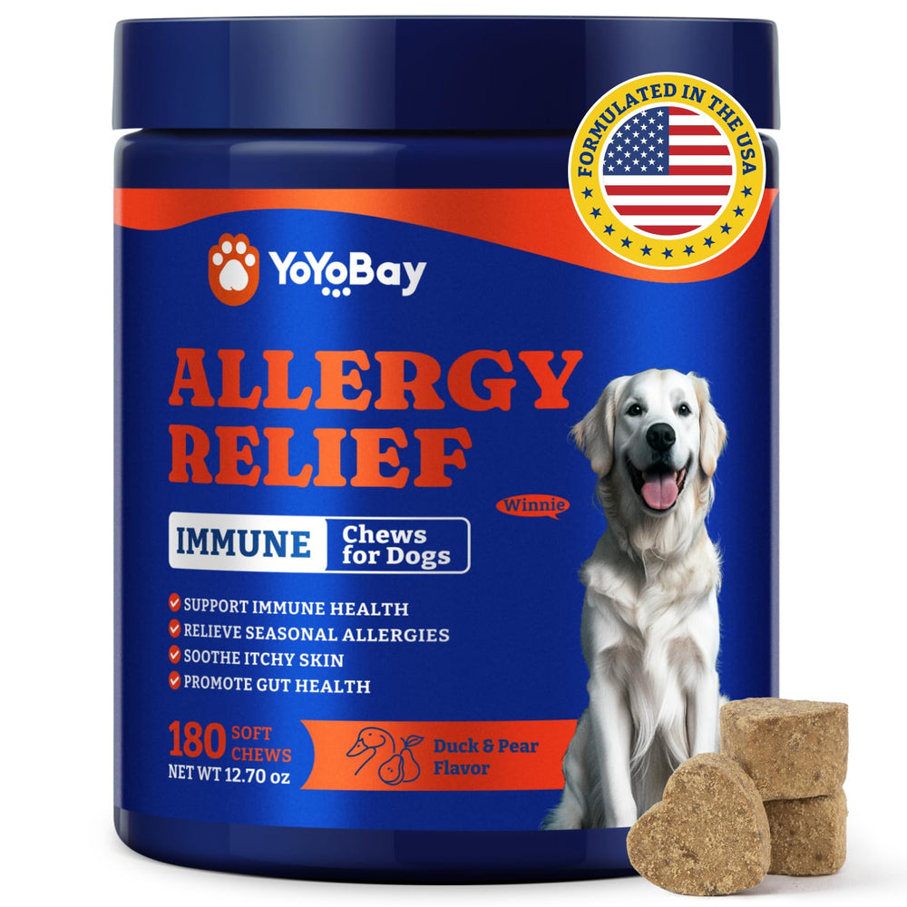 YoYoBay dog allergy relief chews bottle showing packaging supports immune health and itching relief
