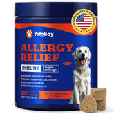 YoYoBay dog allergy relief chews bottle showing packaging supports immune health and itching relief