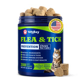 YoYoBay flea and tick prevention chews in a jar for cats, showcasing natural ingredients