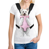 YUDODO pink front carrier side view enables hands-free outings with a small dog.