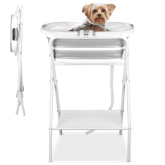 YUEPET elevated dog bath tub scene showing back-friendly grooming height
