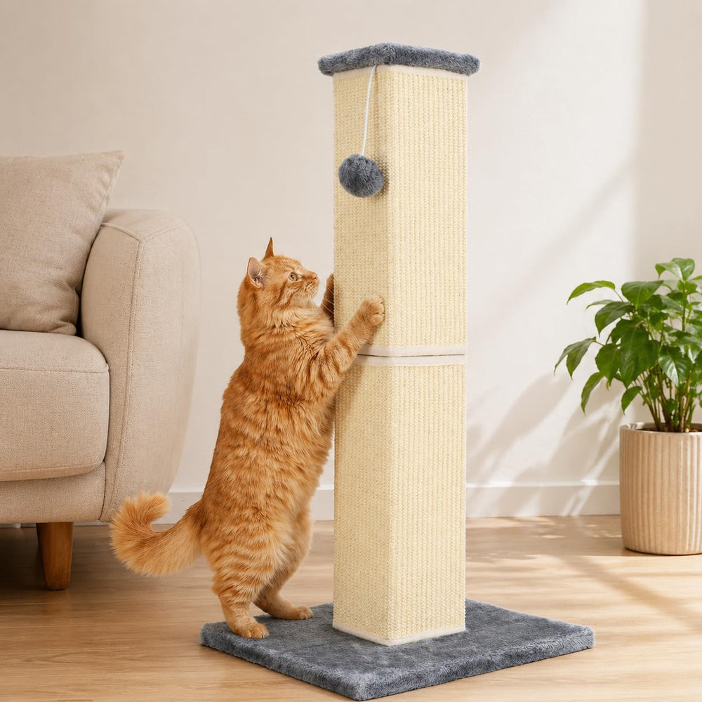 YULOYI 32-inch tall cat scratching post for large indoor cats supports full-body stretch and play.