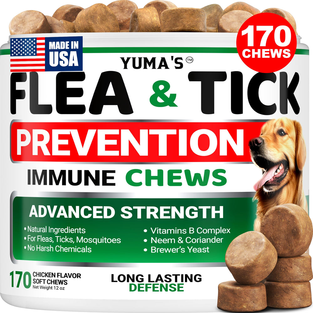 YUMA'S flea and tick chews for dogs in chicken flavor for daily pest protection.
