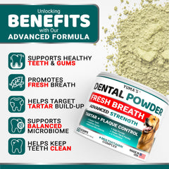 Spoon dispensing YUMA'S dental powder demonstrates mess-free daily application