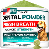 YUMA'S Advanced Dog Dental Powder tub closeup enhances breath freshness and easy daily use