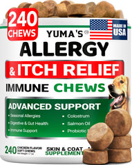 YUMA'S Dog Allergy Relief Chews bottle highlighting immune support for itchy skin.