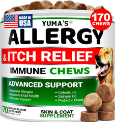 YUMA'S Dog Allergy Relief Chews packaging shown for convenient daily use and dosing.