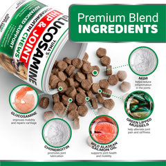 YUMA'S Glucosamine for Dogs label close-up emphasizes glucosamine and chondroitin