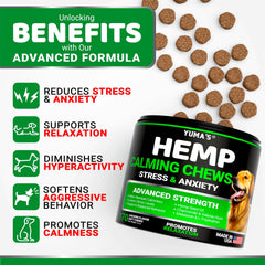 YUMA'S calming chews packaging box highlights vet-formulated, USA-made dog treats