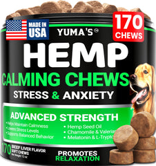YUMA'S Hemp Calming Chews packaging shows premium canine anxiety relief.