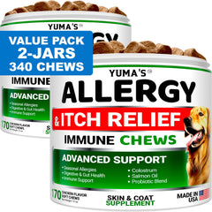 YUMA'S dog allergy chews bottle shown for convenient daily use and skin support