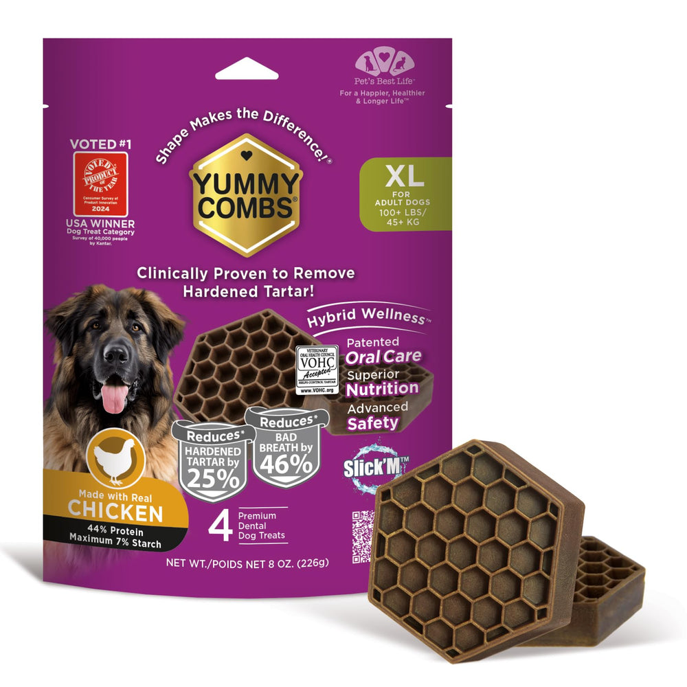 Yummy Combs dog dental treats pack shot highlighting a vet-approved chew for large dogs.
