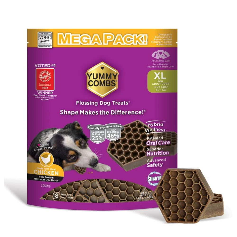 Yummy Combs dog dental treats show a 360-tooth cleaning design for thorough oral care.