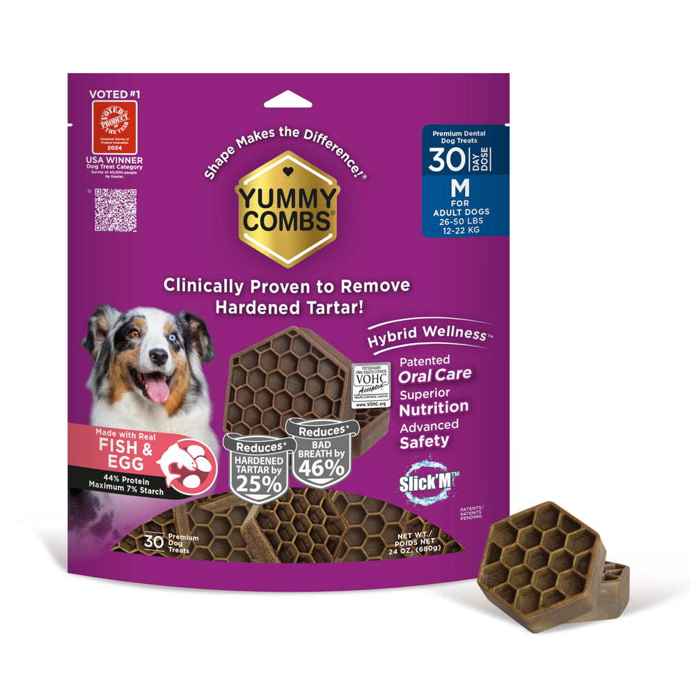 Yummy Combs honeycomb package shows a premium dental treat with a 360 cleaning design.