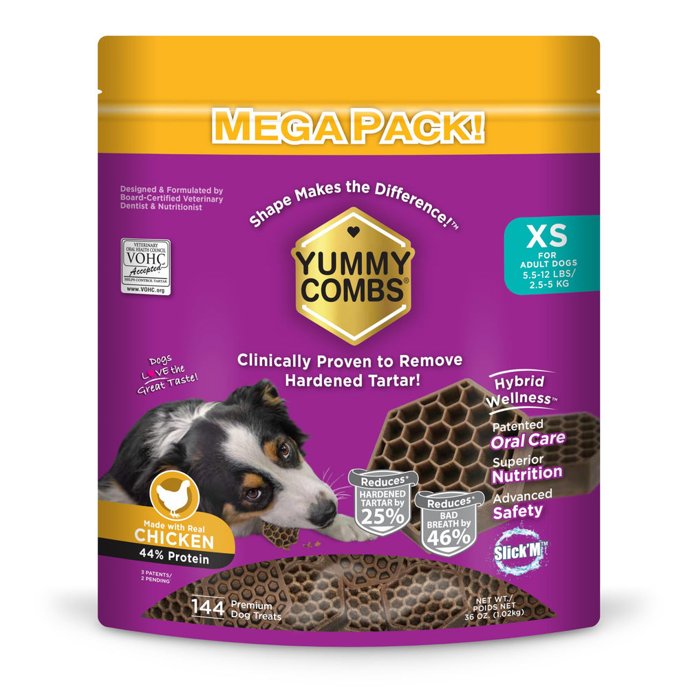 Yummy Combs packaging displays 144-count bag for daily dental care